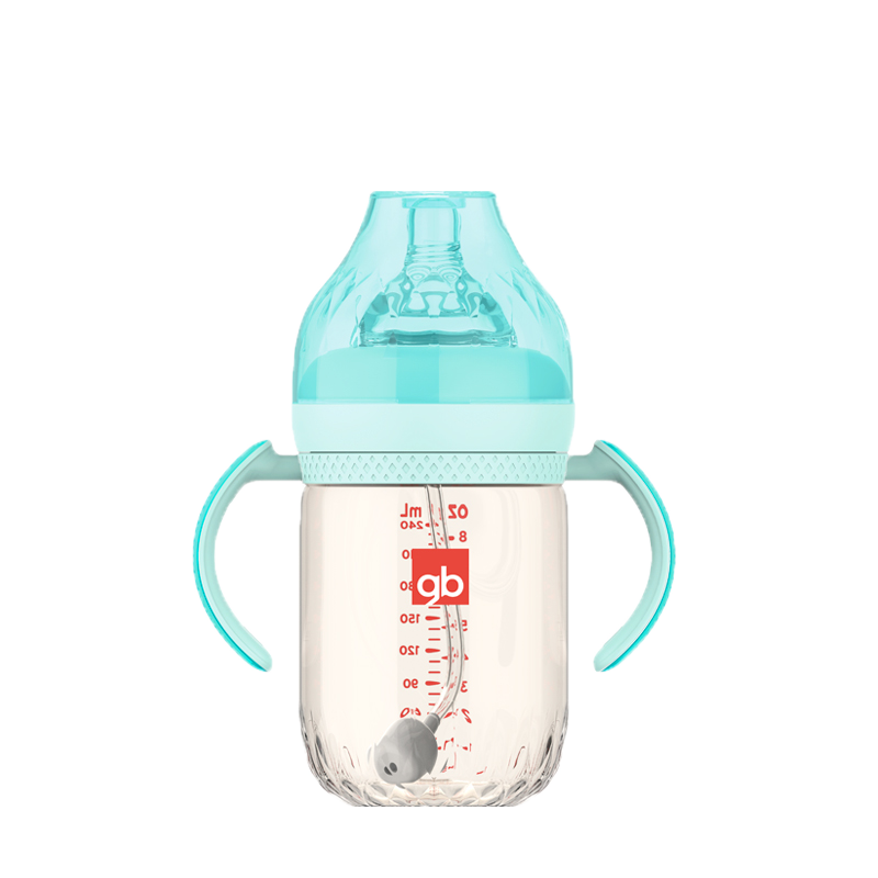 gb好孩子奶瓶大宝宝一岁以上PPSU宽口径奶瓶 防胀气带握把 铂金系列 孔雀蓝 奶嘴+吸嘴 一瓶两用 240ml