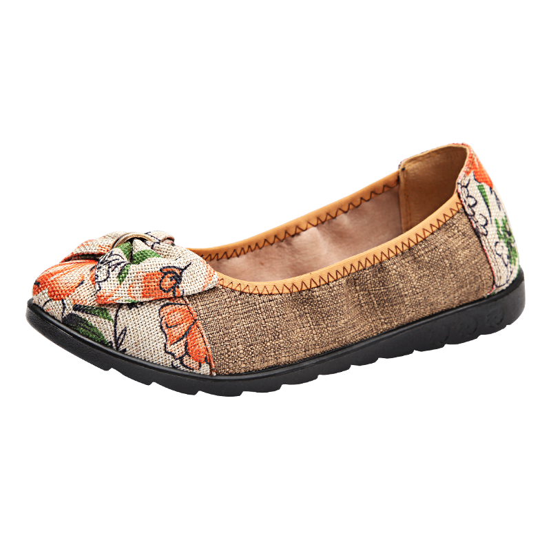 布舍元 透氣淺口平底單鞋女中老年媽媽鞋北京布鞋女單鞋子女鞋老北京布鞋秋季軟底工作鞋 51Y-0307駝色 37