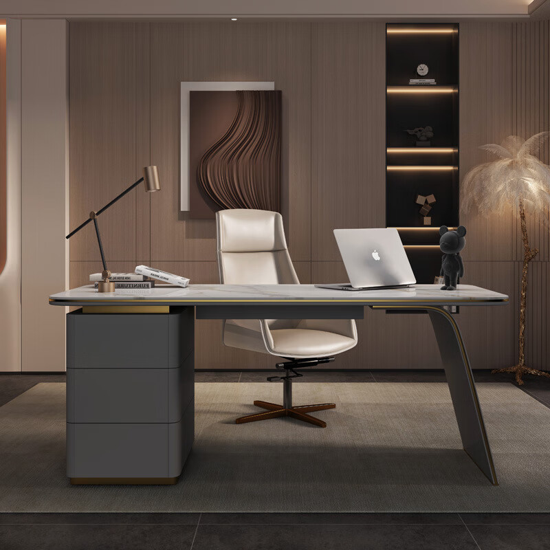 岩板书桌轻奢轻奢极简书桌岩板办公桌椅组合老板电脑桌储物写字a 带