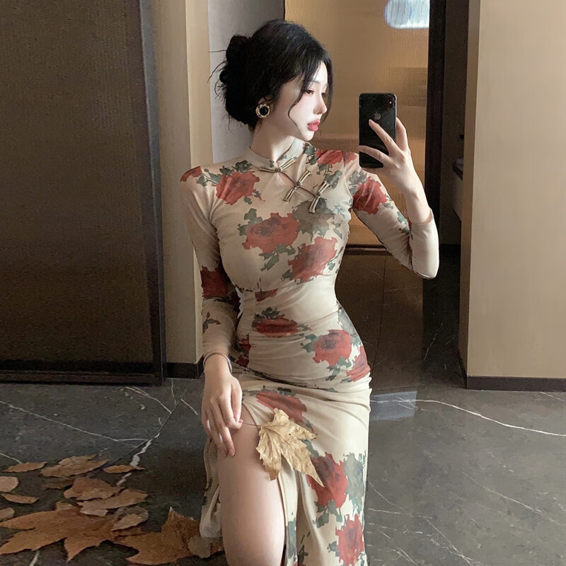 卡富亚旗袍性感高开衩紧身修身开叉包臀裙复古中式优雅玫瑰印花改良