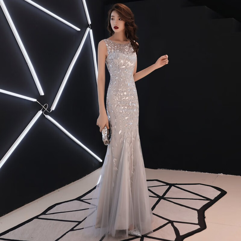 雪宝莲晚礼服裙女2020新款双肩灰色宴会高贵修身长款鱼尾名媛年会主持