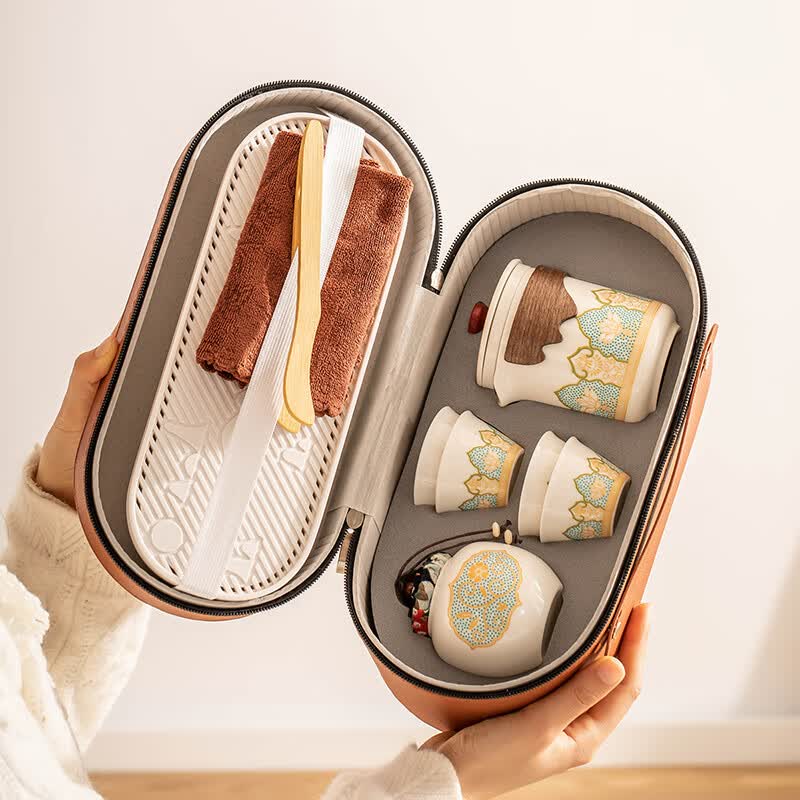 瓷牌茗茶具（cipaiming teaset）旅行茶具套装户外便携式陶瓷快客杯一壶四杯办公室功夫茶壶泡茶 白古茗1壶4杯+罐盘+棕皮包+巾夹属于什么档次？