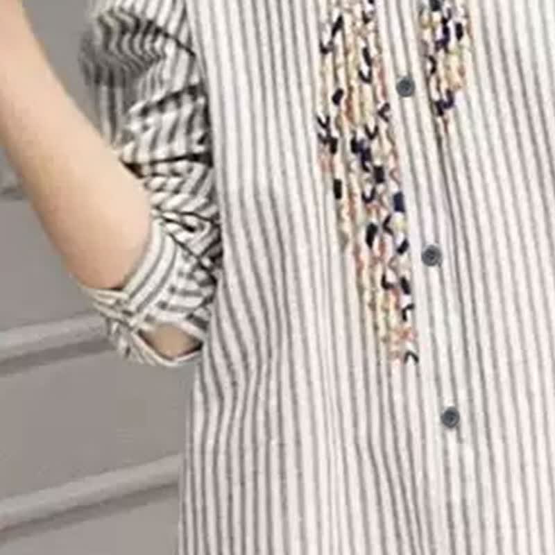 子牧棉麻秋装 女文艺民族风条纹衬衫上衣宽松显瘦长袖刺绣衬衣9009 灰白条纹 XL(建议125-135斤)