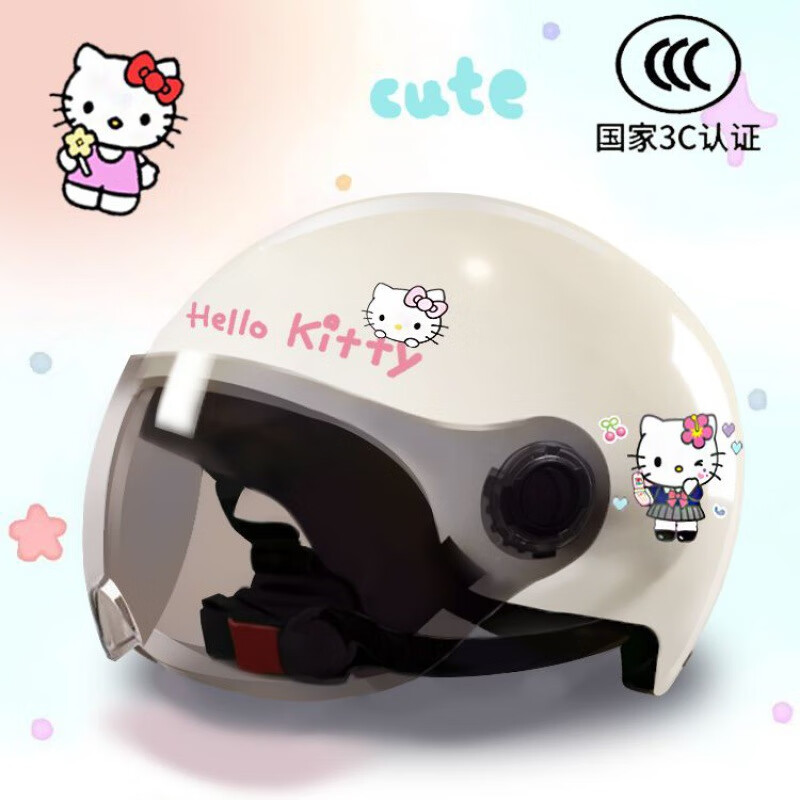 YOHE3C認證新國標Hello Kitty安全帽電動(dòng)車(chē)頭盔防曬可愛(ài)女士 四季通用 KT貓-C款-防曬 3C-高清短鏡片