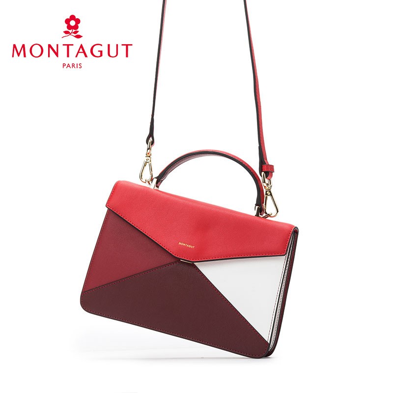 梦特娇(montagut)女包牛皮单肩斜挎手提包时尚潮流拼接撞色小方包女士