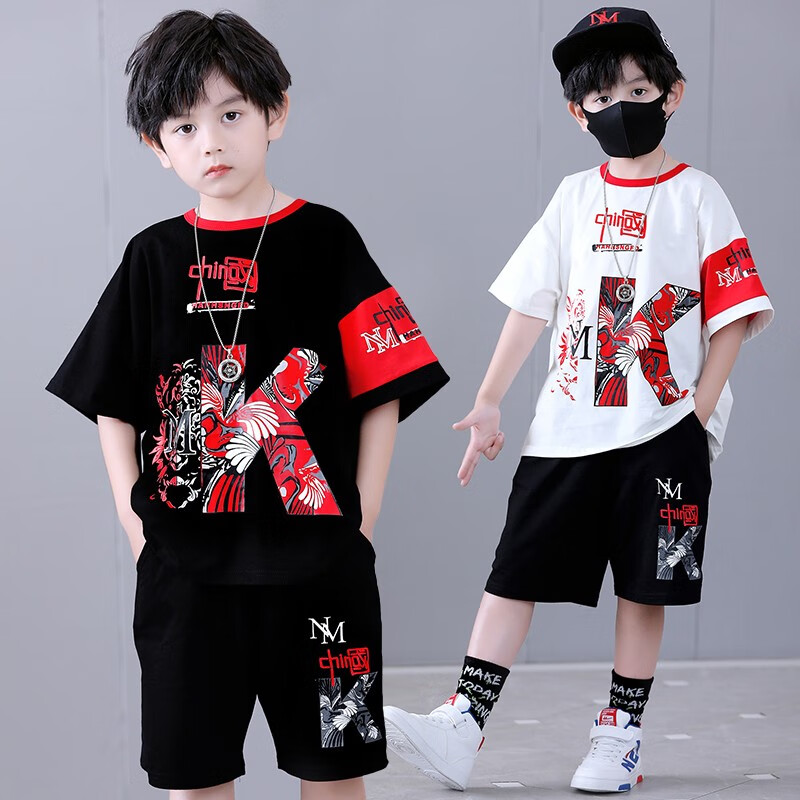 宇龙童话(elongstory)童装短袖男童套装帅气中国风男孩夏天国潮运动儿童街舞衣服裤子 白色夏装套装(衣服裤子) 160 码建议身高1.45-1.5米左右