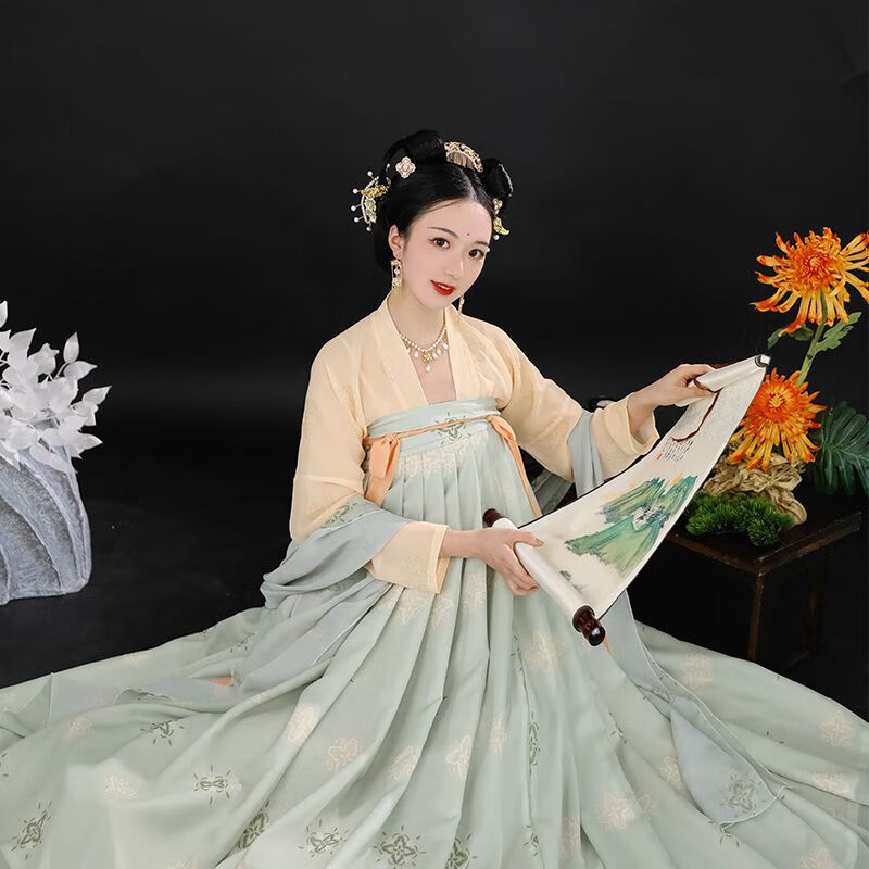 秋冬曹州府原创【长歌行】唐风复原齐胸汉服女一片式 青色3米摆 披帛