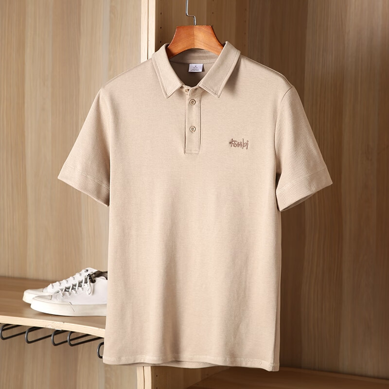 de撒母耳男装重磅斜纹翻领polo衫夏季简约百搭万针刺绣潮流带 卡其色