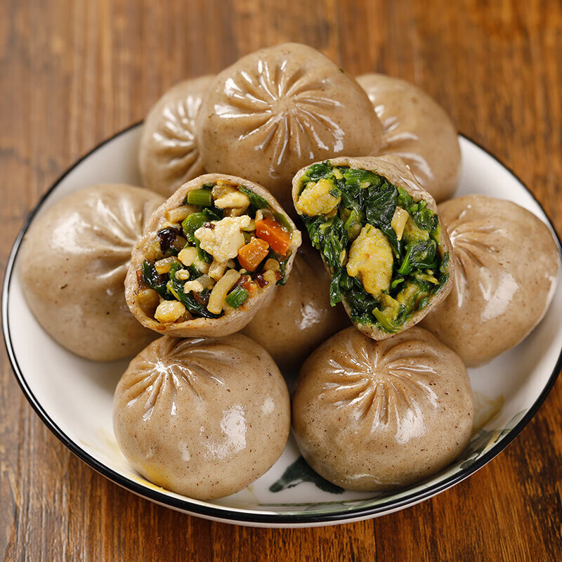 果靓晟荞麦包子馒头减期薄皮面小笼包韭菜鸡蛋荠菜早餐半成品蔬菜素包
