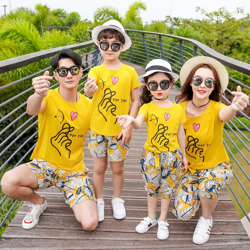 yinfan子装夏装全家装新款一家四口度假旅游沙滩团体活动时尚短袖套装