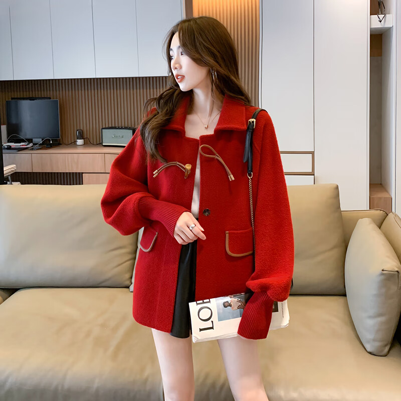 晗沫美衣毛呢大衣女韩版宽松秋冬小香风上衣呢外套女 HMDY870 红色 均码