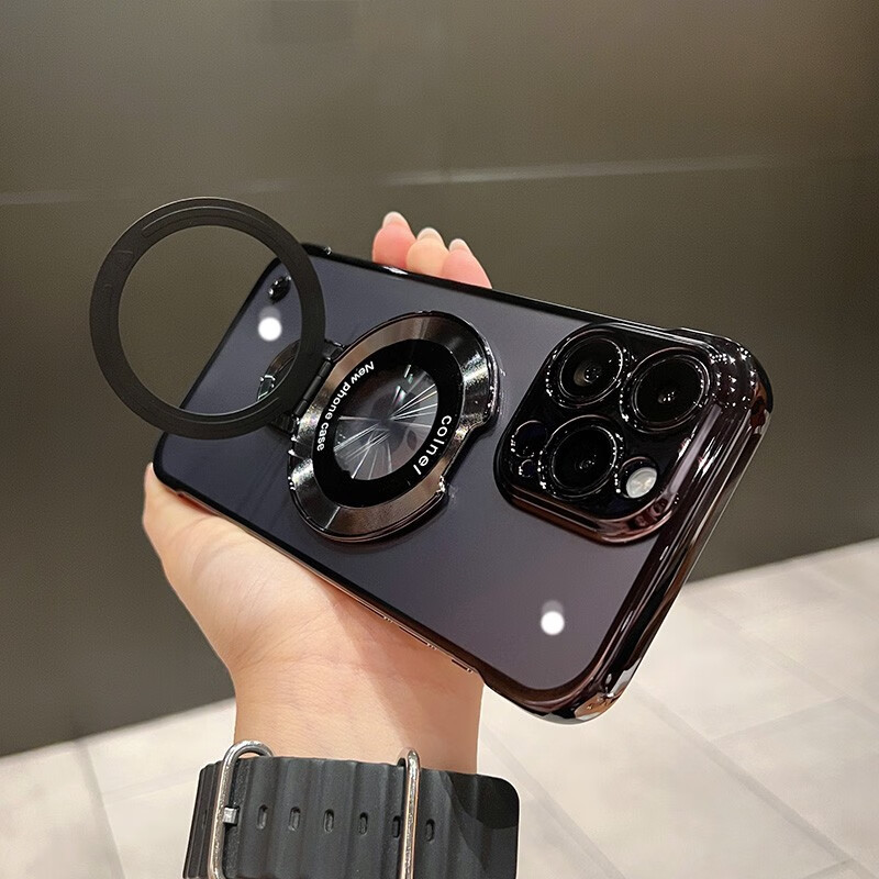 韵宁 磁吸支架露标电镀无边框适用苹果14手机壳iPhone15promax新款13透明超薄高级感硬壳 【黑色】磁吸支架+超薄电镀无边框 iPhone14