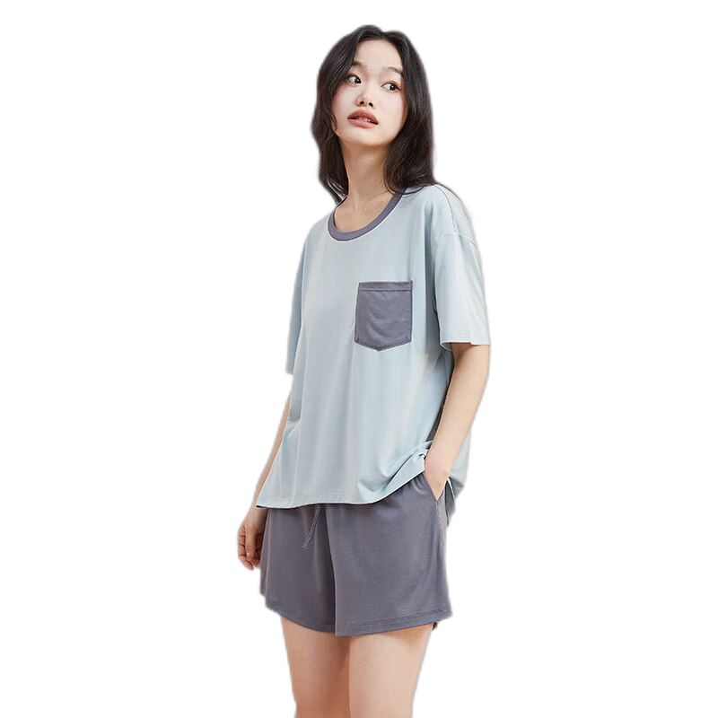 小護(hù)士女士睡衣帶胸墊2025夏季薄款短袖短褲涼感家居服套裝 清水藍(lán)