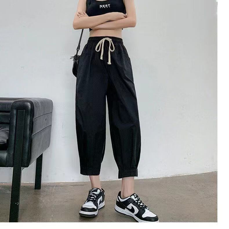 小个子女生穿的夏季修体休闲裤2023新款夏季高腰工装九分哈伦裤 黑色