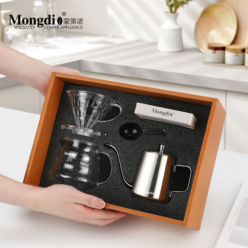 Mongdio手冲咖啡壶套装咖啡礼盒手摇磨豆机V60滤杯+分享壶+手冲壶 手冲随享五件套礼盒属于什么档次？
