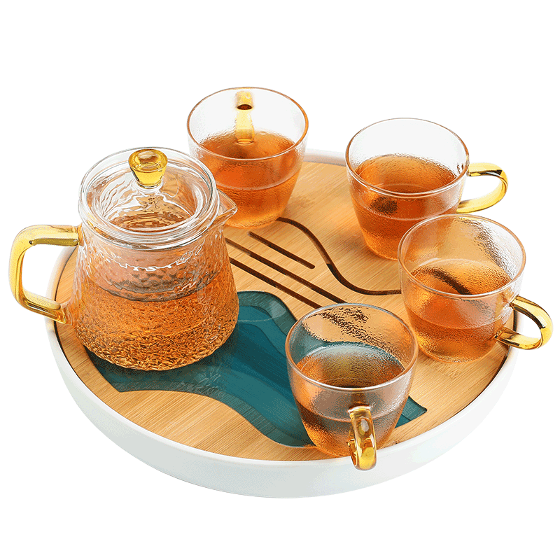 苏氏陶瓷 SUSHI CERAMICS 创意茶盘茶具套装配玻璃锤纹泡茶壶带四个手柄茶杯 158元