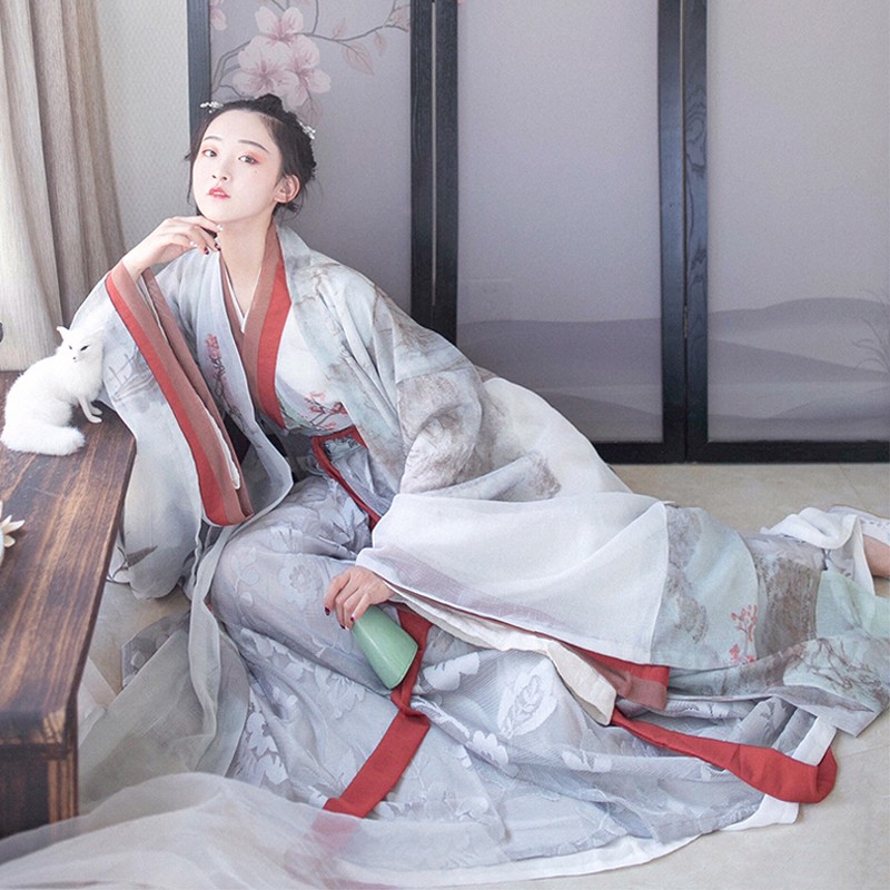 e街汉服女魏晋风交领齐胸襦裙古装银狐大袖衫中国风传统广袖套装学生