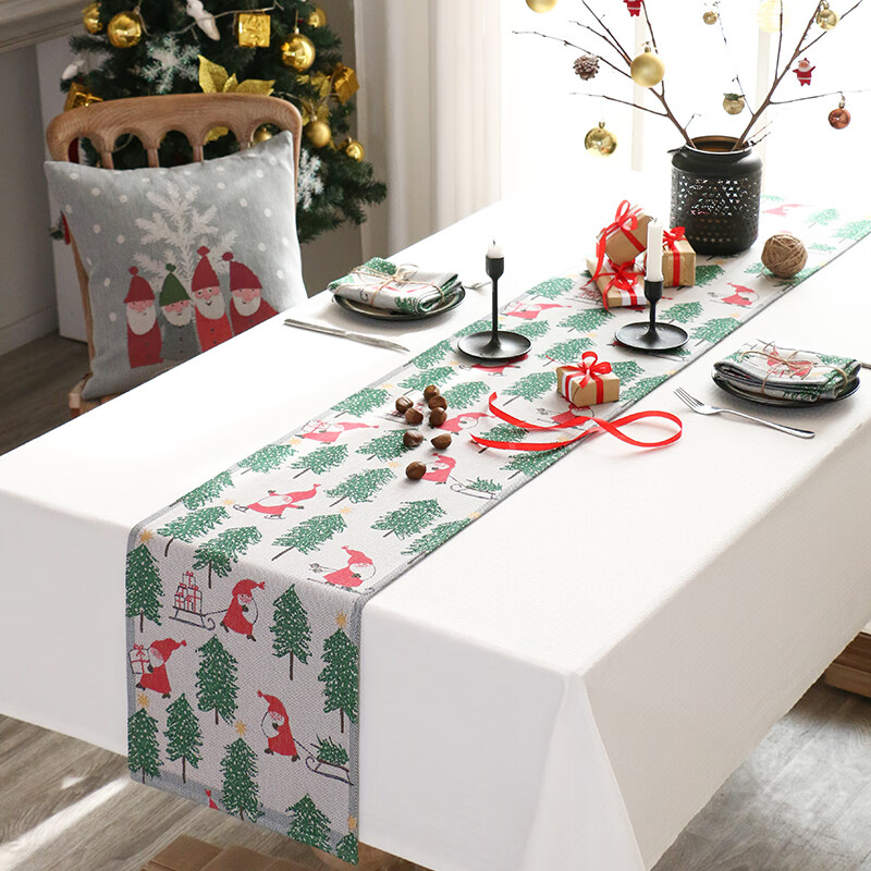 冬季圣诞桌旗家用新年氛围感长条餐桌布茶几电视柜盖布 tomtesprang