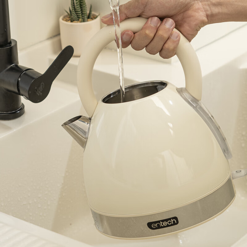一特（EnTech）英伦复古1800W快速烧水壶家用高颜值高端电热水壶大容量分体式加厚304不锈钢电烧水自动断电防干烧 1.7L 专柜款-奶油白（带水窗）