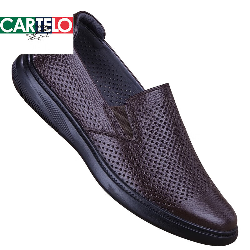 卡帝乐鳄鱼(CARTELO)男鞋2026夏纯皮休闲凉皮鞋真牛皮镂空打孔透气套脚软面实心洞洞鞋 黑色 41 标准皮鞋正码