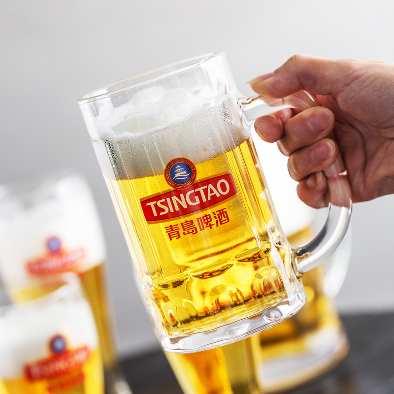 专用杯商用500ml扎啤杯子大号1000ml精酿酒杯印logo 青岛啤酒竖条把杯