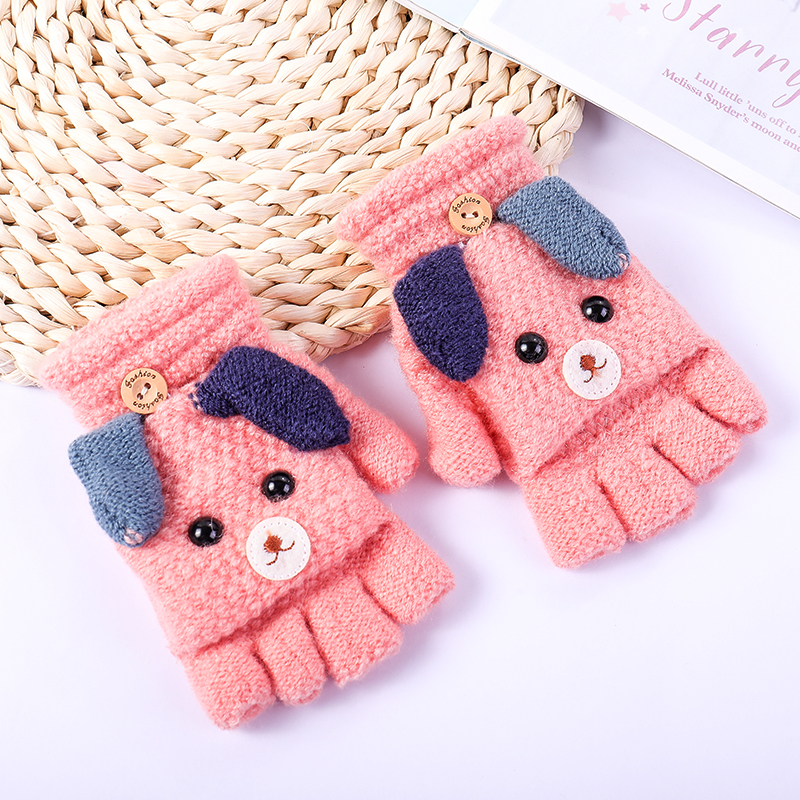 可爱小狗卡通男童女童小孩学生写字半指保暖手套 翻盖半指手套儿童款