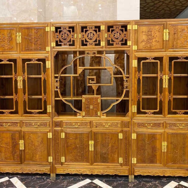 樽堂金丝楠木三组合书柜四川小叶桢楠320x42x238高档实木中式古典家具