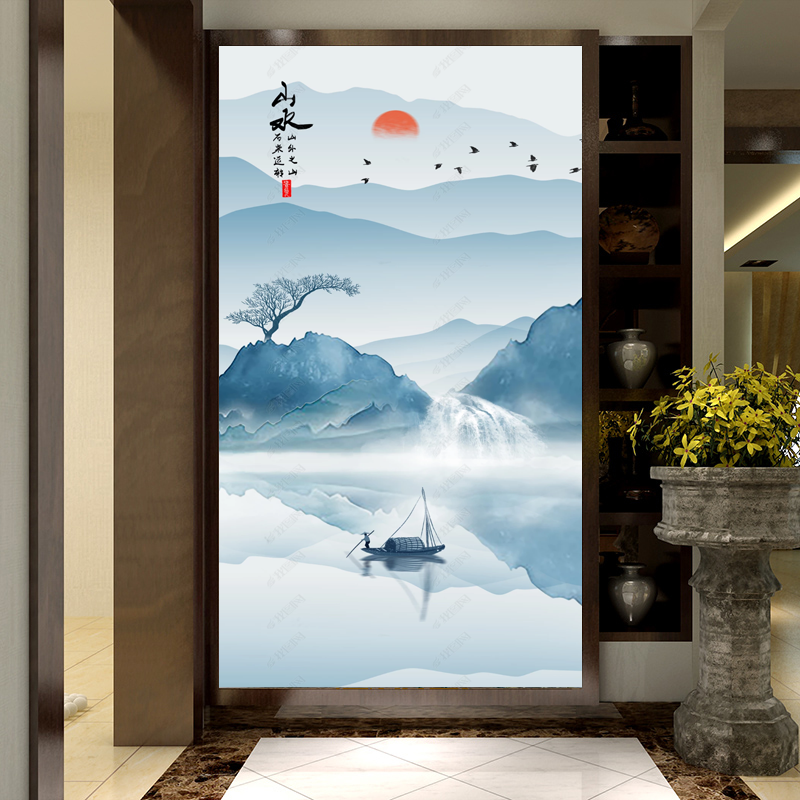 过道壁纸8d立体客厅3d现代新中式意境山水画防水墙纸别墅无缝墙布画