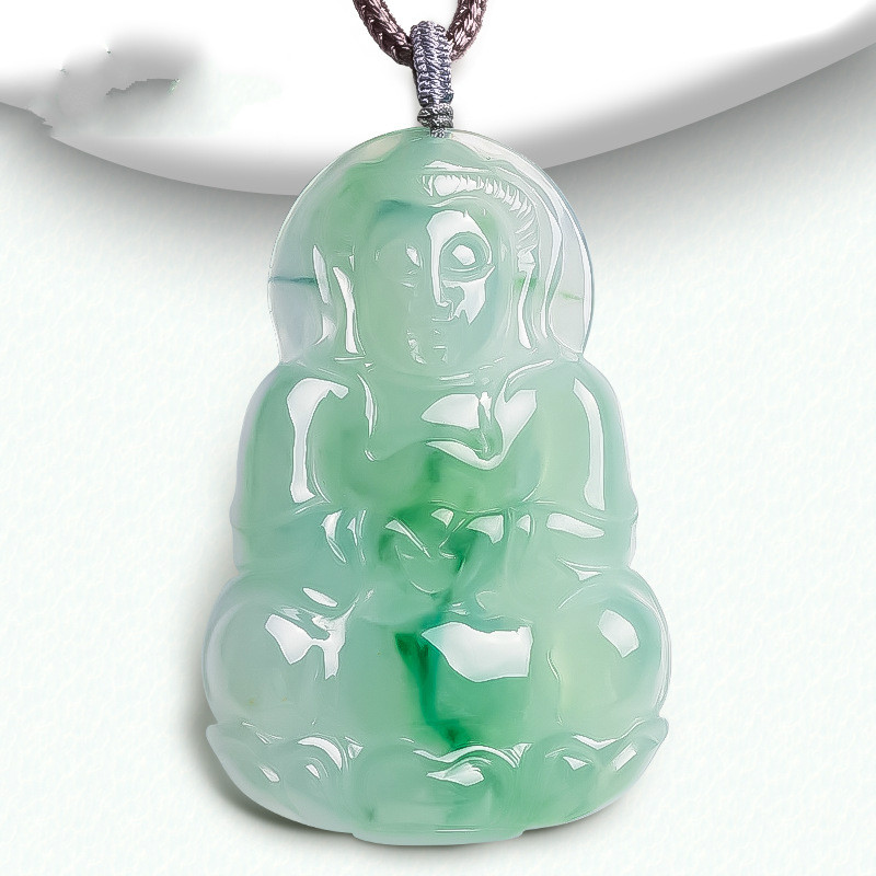 蝶灿 缅甸飘花冰糯种翡翠观音吊坠男玉石女挂件玉坠节日礼物送朋好友