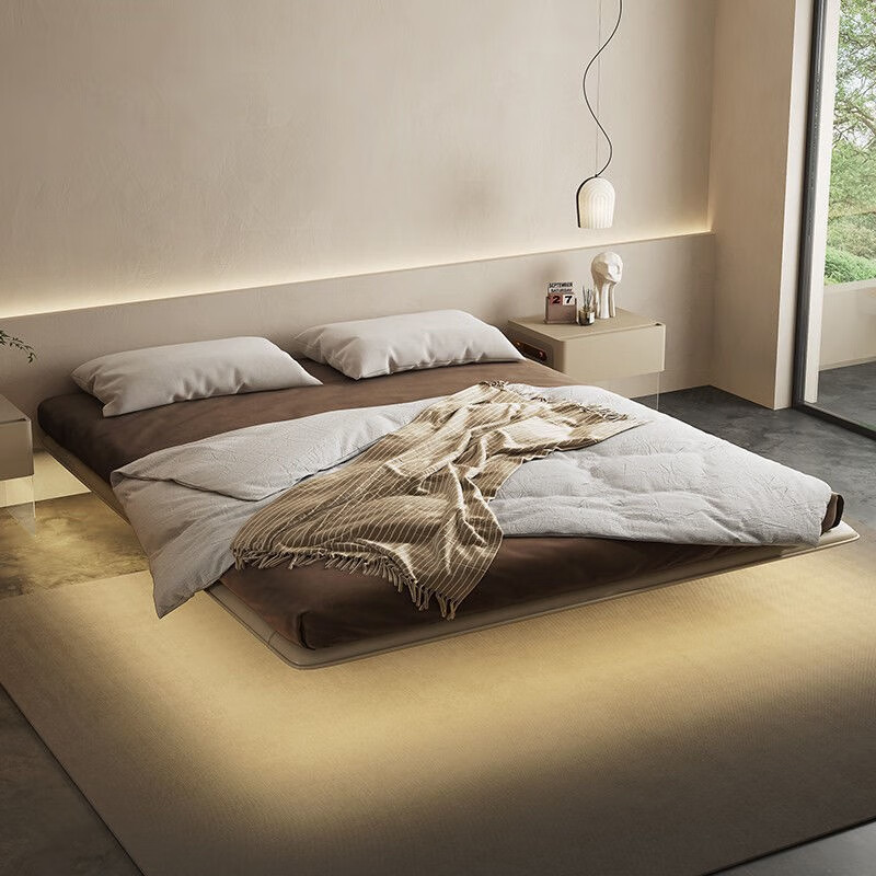 回固床双人床意式极简无床头床北欧现代简约侘寂风高端实木卧室悬浮床