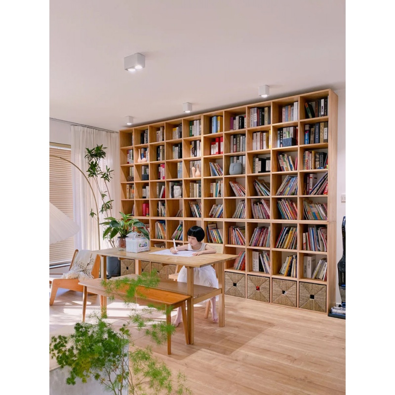 实木书柜收纳柜一体 日式樱桃木客厅书柜一体整墙轻奢实木满墙书l 红