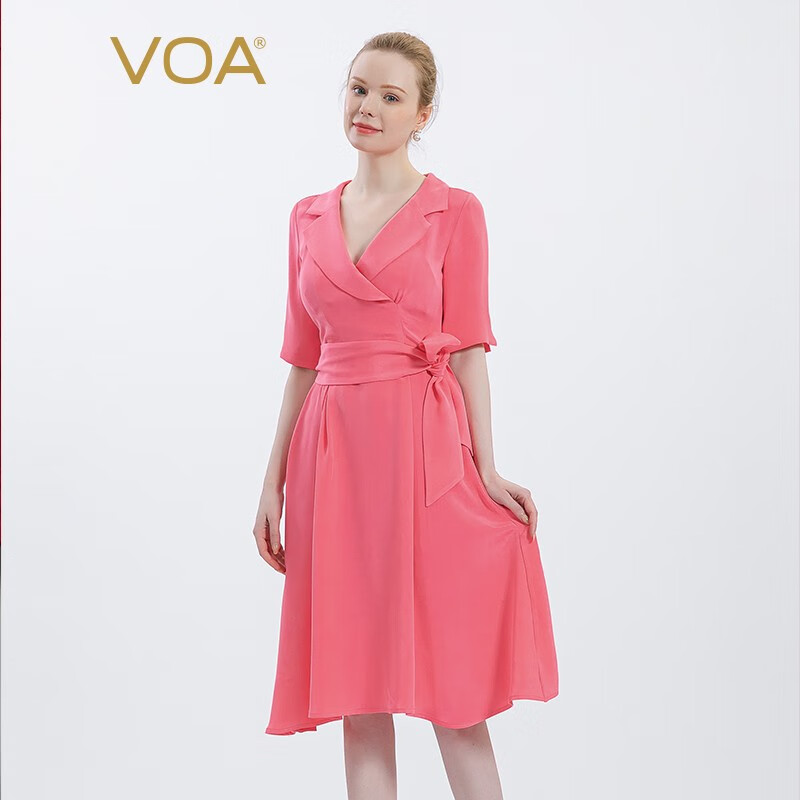 VOA30姆米重磅桑蚕丝玫红翻领系带设计OL风五分袖真丝连衣裙 A-0275 玫红蔷薇（F44） 160/M