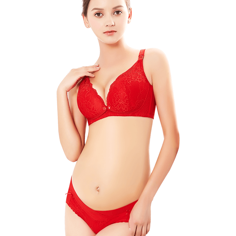霞婷（xiating）【套裝】哺乳內(nèi)衣喂奶文胸懷孕期胸罩孕婦內(nèi)褲女大紅色結(jié)婚本命年 D162 17-12無鋼圈上開扣套裝 75B+M