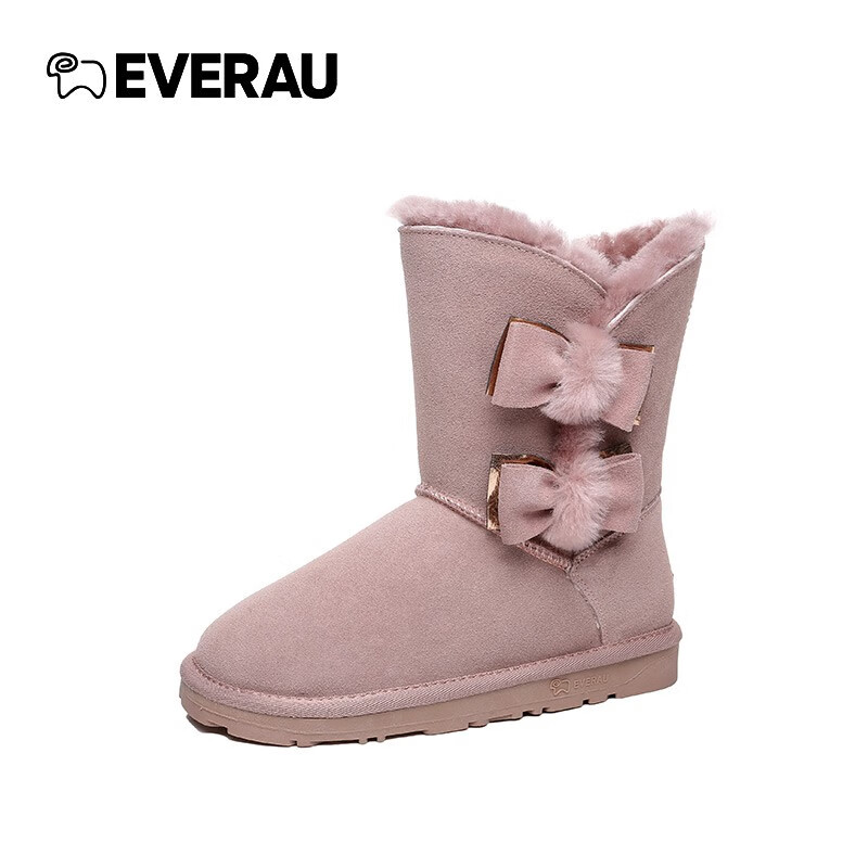 everau 冬季新款女士双蝴蝶结款中筒雪地靴女加绒羊毛中筒靴防滑棉靴