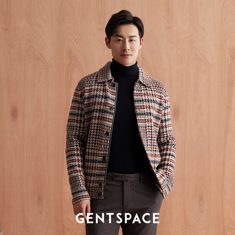 gentspace 秋冬男士浅肉桂色羊毛羊绒三色大格纹针织外套  浅肉桂色