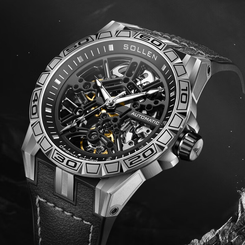 梭伦（SOLLEN）新款迷宫表盘手表男镂空全自动机械表男士手表防水夜光腕表送男友 蓝色黑盘【国潮双开礼盒】326