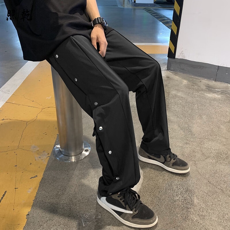 照乾排扣裤全开美式痞帅高级感长裤子潮牌黑男春秋长裤hiphop垂感直筒