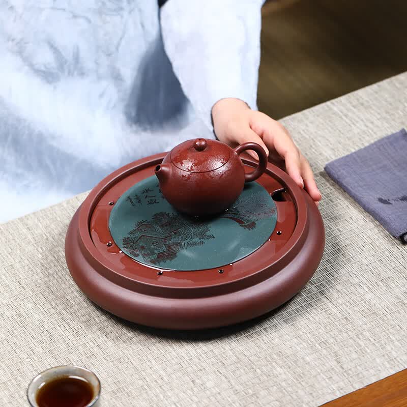 俊器万相圆形紫砂茶盘储水式干泡盘功夫茶盘 办公家用茶具茶托盘 精品