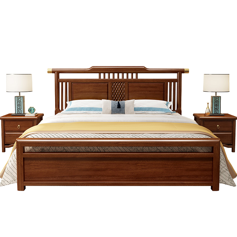 景腾 床 新中式实木床1.8米主卧双人床金丝檀木现代轻奢大床高箱床大小户型卧室家具 床+床头柜x2 1.8x2米抽屉储物床