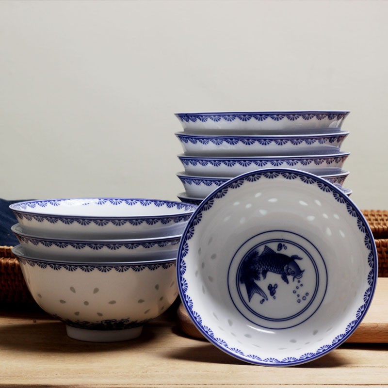 LICHEN 景德鎮(zhèn)老式青花玲瓏陶瓷碗 釉下彩陶瓷餐具飯碗 中式優(yōu)級(jí)品餐具 十個(gè)裝年年有余碗5英寸