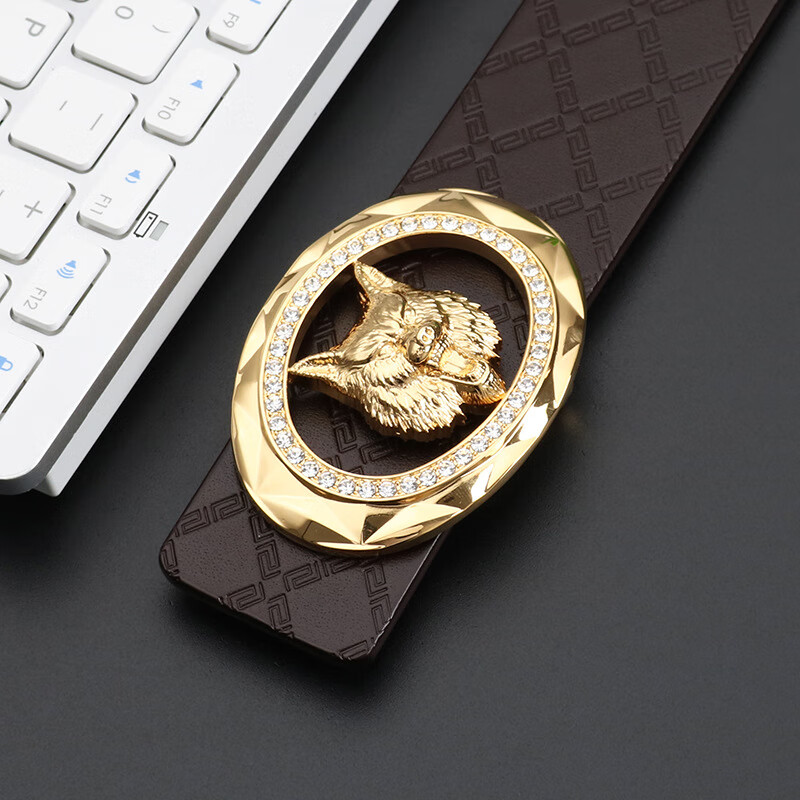 mospoke霸气老虎头皮带男整张头层纯牛皮裤带镶钻青年男士平滑扣腰带