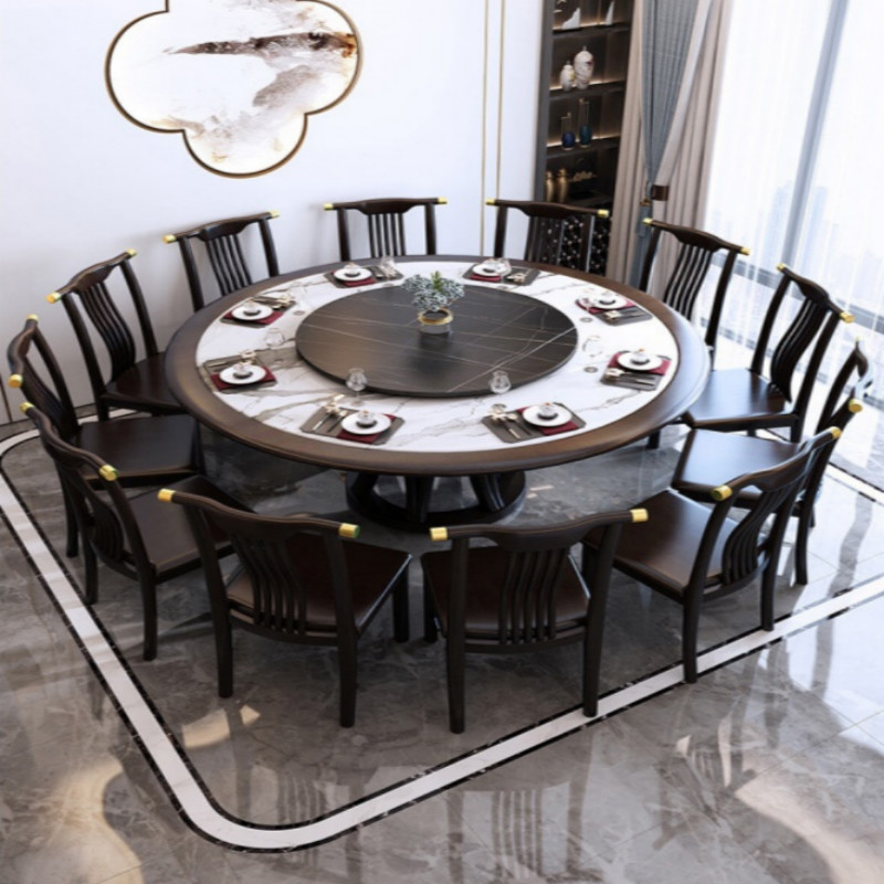 椅组合新中式全实木圆桌别墅大户型餐桌椅组合 黑色 请选择款式下单