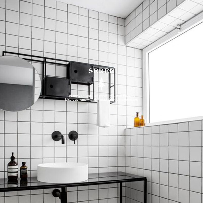 思力 北欧风格小清新卫生间黑白格子砖 浴室厨房门店背景墙砖瓷砖 300