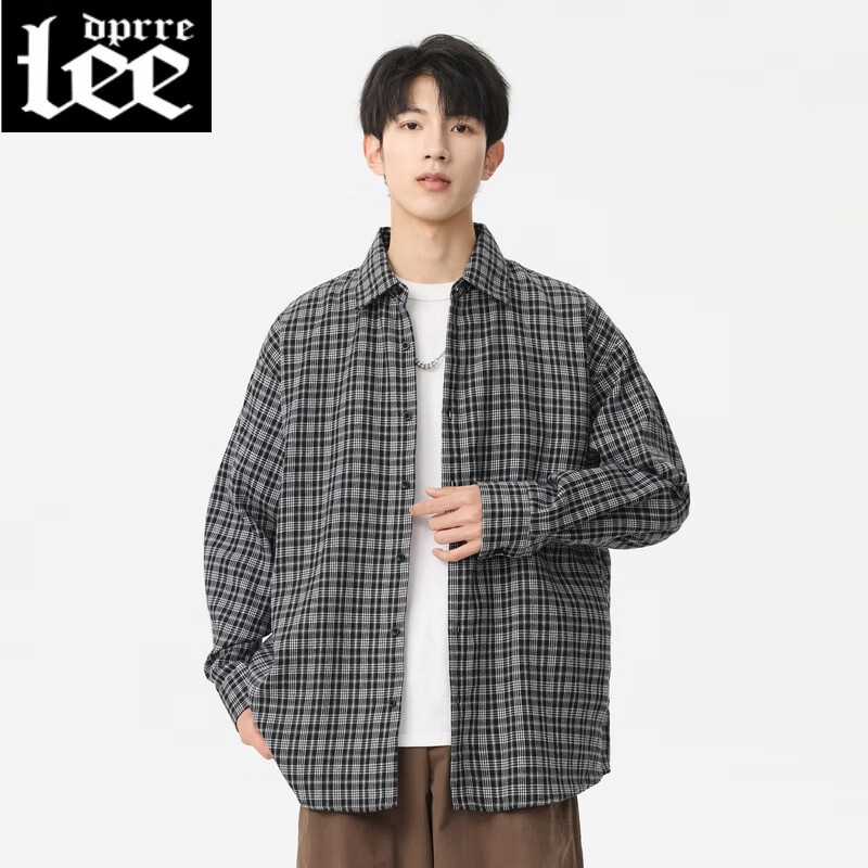 Lee dprre港風(fēng)復(fù)古黑白格子長(zhǎng)袖襯衫男春秋季潮牌設(shè)計(jì)感寬松慵懶風(fēng)薄款外套 K12377黑色 lee01 M 約110-125斤可穿