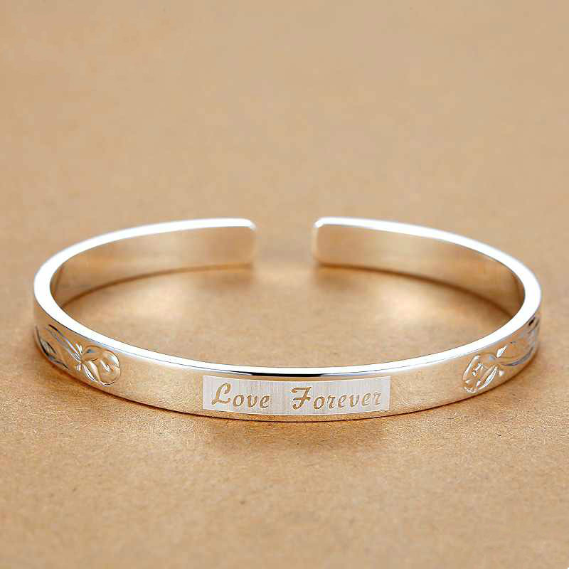 手镯女 实心银镯子白银时尚个性年轻款网红手饰品银子 (love forever)