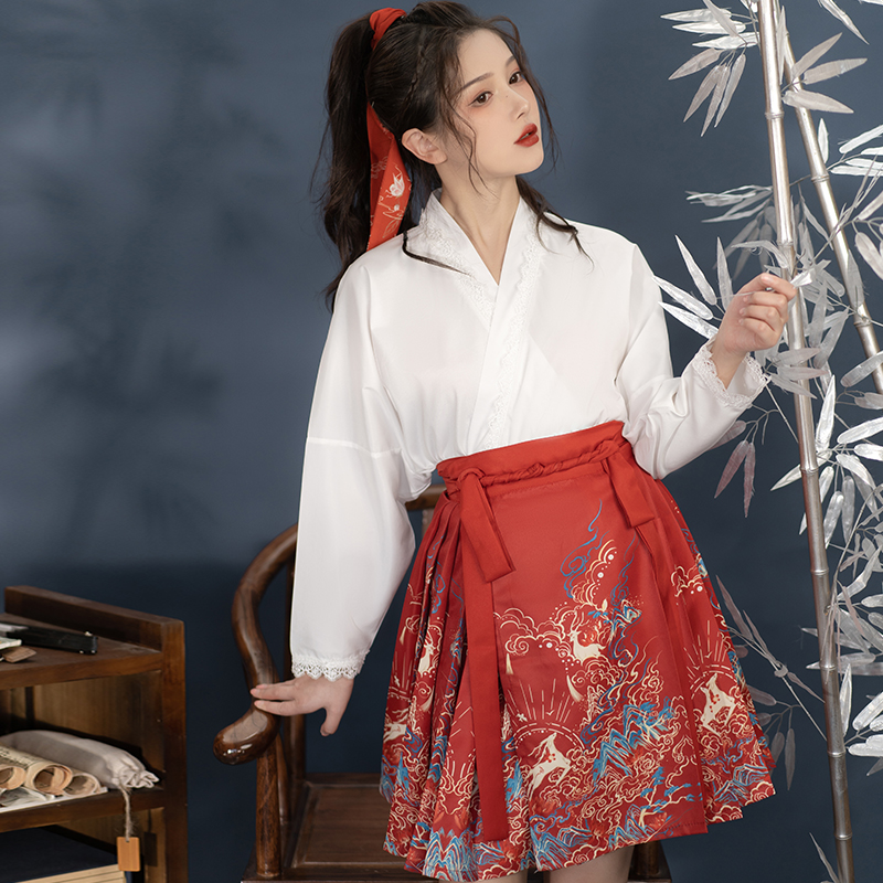 馨兰芙曼汉服马面裙全套短款觅锦女交领飞机袖齐腰一片式汉元素套装