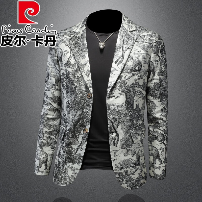 皮尔卡丹（pierre cardin）欧洲站休闲西服男装外套英伦风修身秋季新款潮牌上衣单件花色西服 图色 M