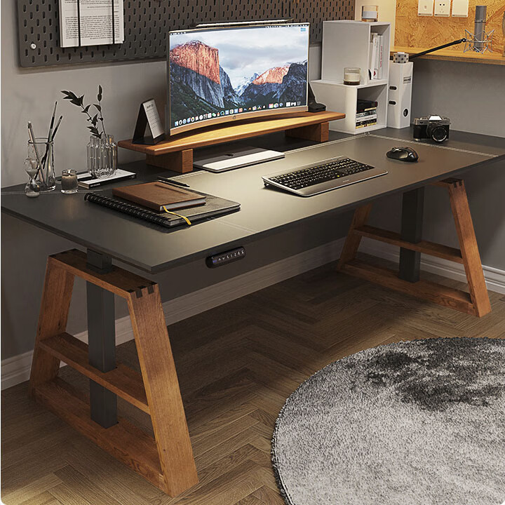 升降桌书桌台式电脑桌工作台站立办公室桌电竞桌 【黑色马鞍皮桌面】