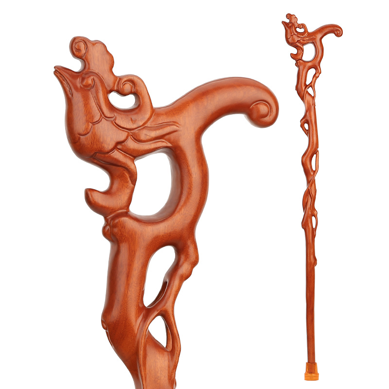 雅轩斋 老人拐杖 实木雕刻凤头拐杖 防滑手杖拐棍老年人专用木质拐扙