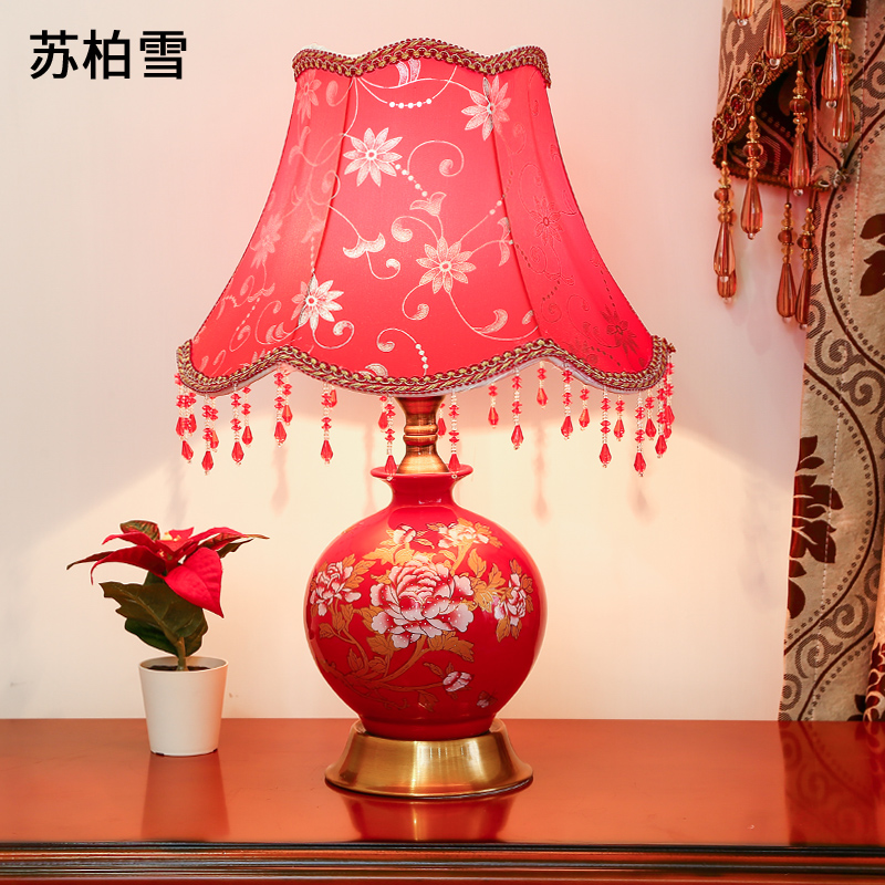 蘇柏雪（suboxue）蘇柏雪同款歐式臺(tái)燈臥室床頭燈結(jié)婚長(zhǎng)明燈婚慶家用客廳創(chuàng)意陶瓷裝 A款 按鈕開關(guān)暖光